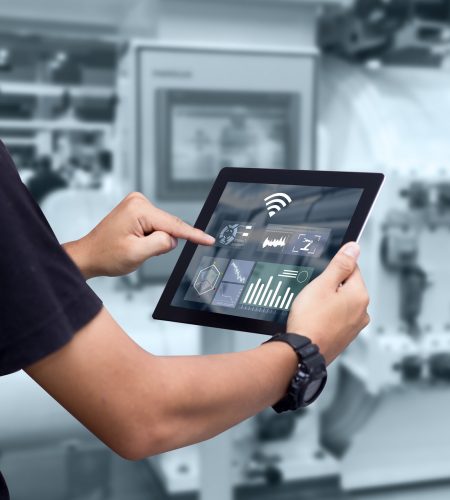 Smart,Industry,Control,Concept.hands,Holding,Tablet,On,Blurred,Automation,Machine